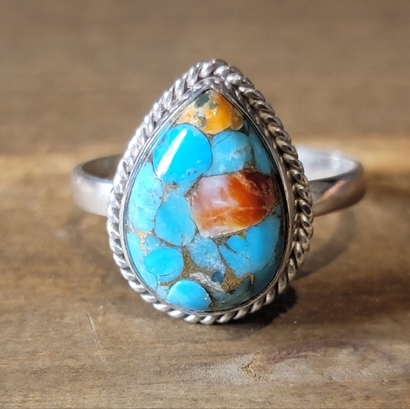 Native Jewelry - Native Oyster Turquoise Gemstone Ring Size 9 Sterling Silver Boho Womens Jewelry